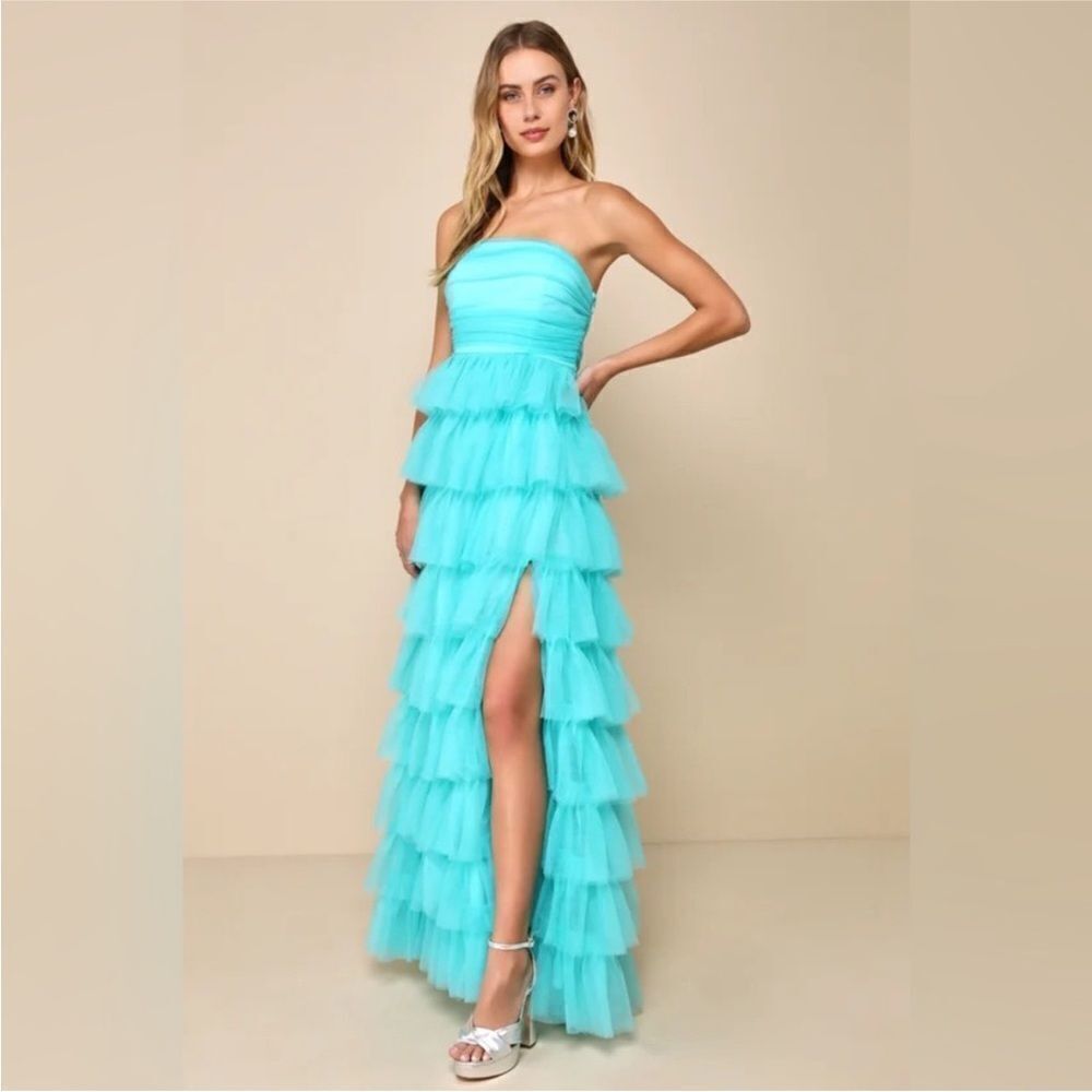 Lulus NWT Fabulous Existence Teal Green Tulle Strapless Tiered Maxi Dress Small